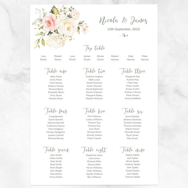 Pink & White Country Bouquet Table Plan