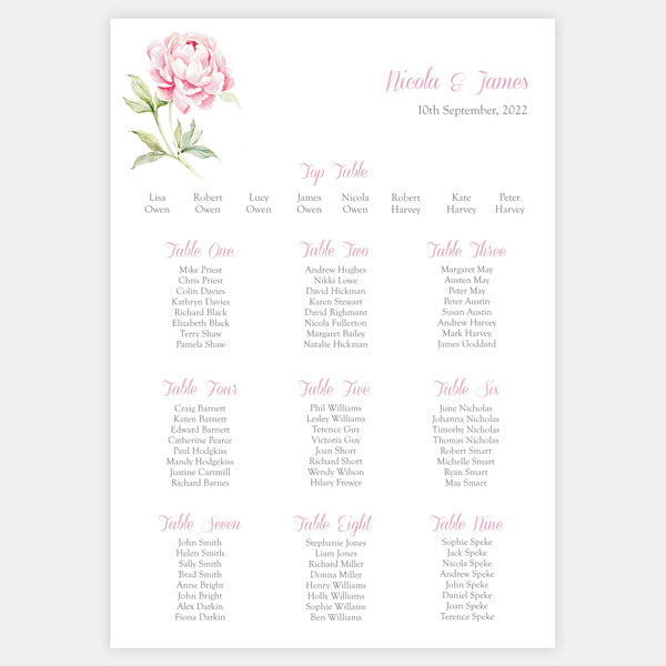 Pretty Pink Peony Iridescent Table Plan