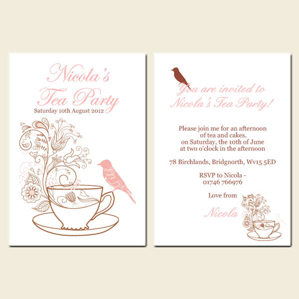 Tea Party Invitations - Teacup and Bird - Pack of 10