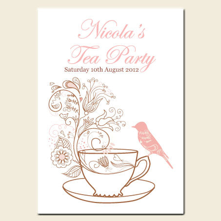Tea Party Invitations - Teacup and Bird - Pack of 10