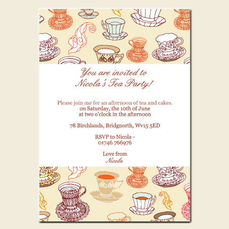 Tea Party Invitations - Teacup Pattern - Pack of 10