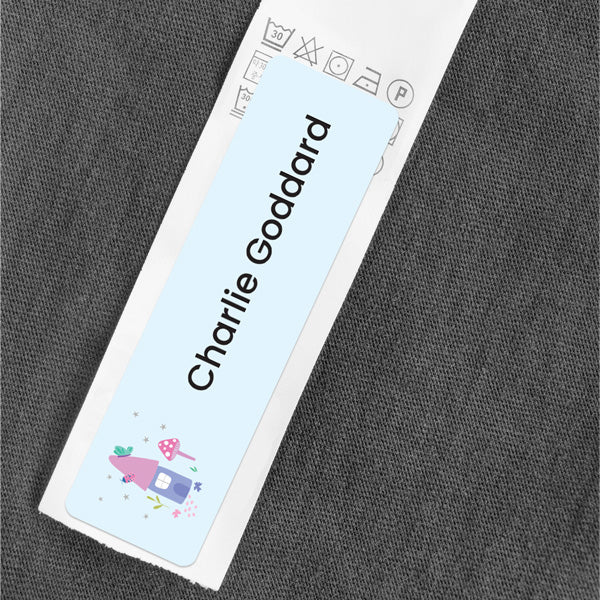 Medium Personalised Stick On Waterproof (Clothing/Equipment) Name Labels - Fairy Garden Toadstool - Pack of 36