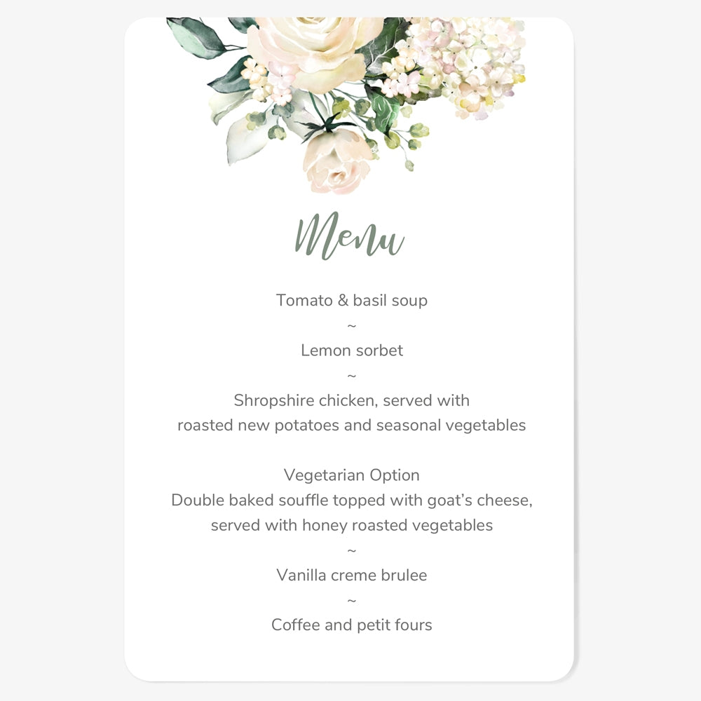 White Country Bouquet Wedding Menu