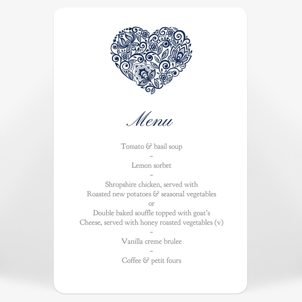 Lace Love Heart Wedding Menu