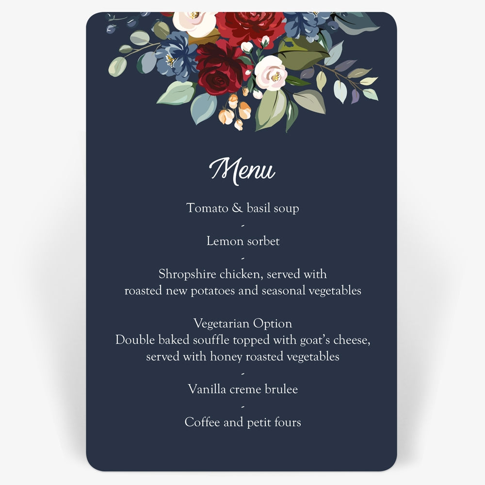 Navy Jewel Flowers Wedding Menu