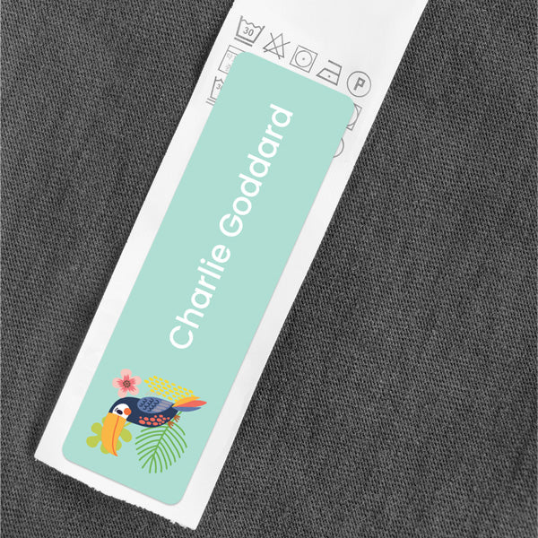 Medium Personalised Stick On Waterproof (Clothing/Equipment) Name Labels - Toucan - Pack of 36
