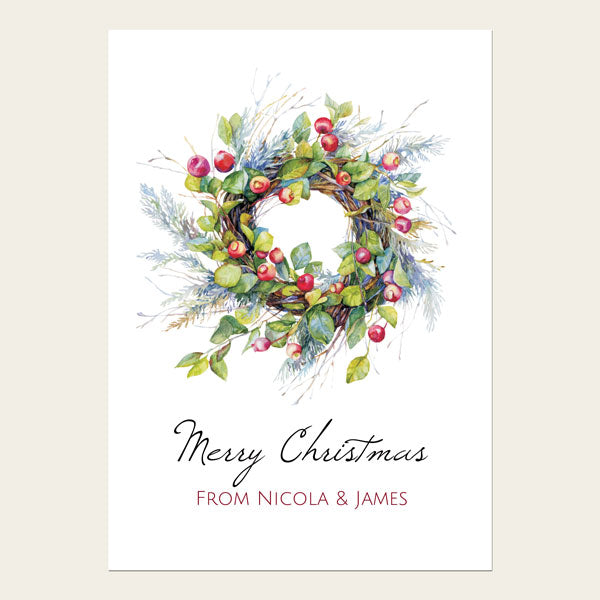 Personalised Christmas Cards - Traditional Wreath - Pack of 10