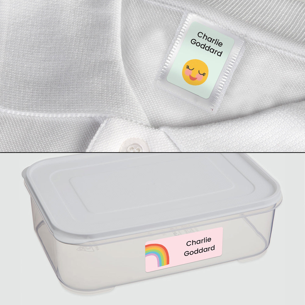 Mixed Pack Personalised Stick On Waterproof Name Labels - Cute Icons Rainbow Mix - Pack of 43