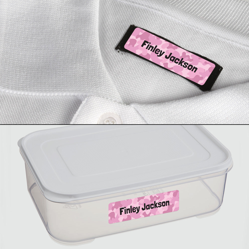 No Iron Personalised Stick On Waterproof (Clothing/Equipment) Name Labels - Cool Camouflage Pink - Pack of 50