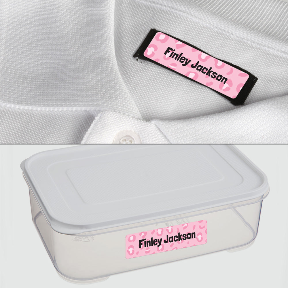 No Iron Personalised Stick On Waterproof (Clothing/Equipment) Name Labels - Leopard Spots Pink - Pack of 50