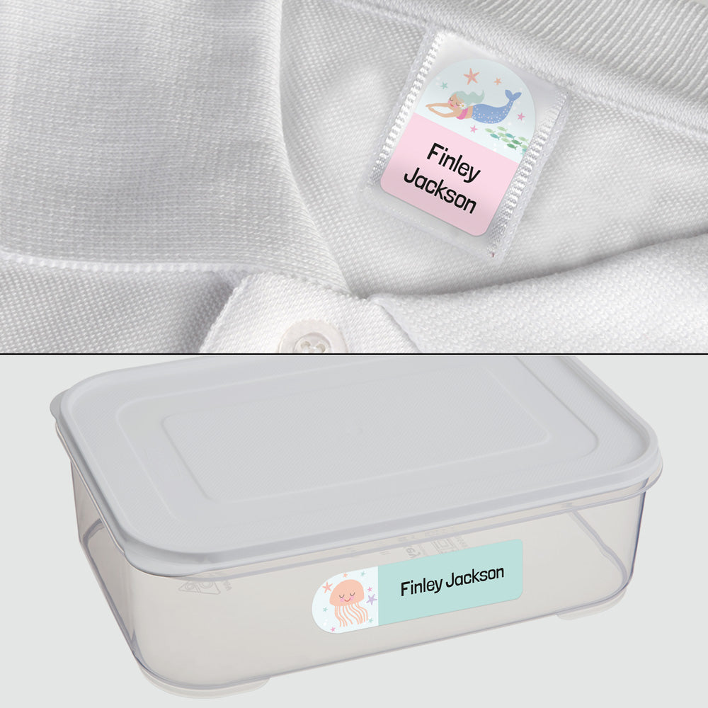 No Iron Personalised Stick On Waterproof (Clothing/Equipment) Name Labels - Mermaid Under the Sea - Mixed Pack of 50