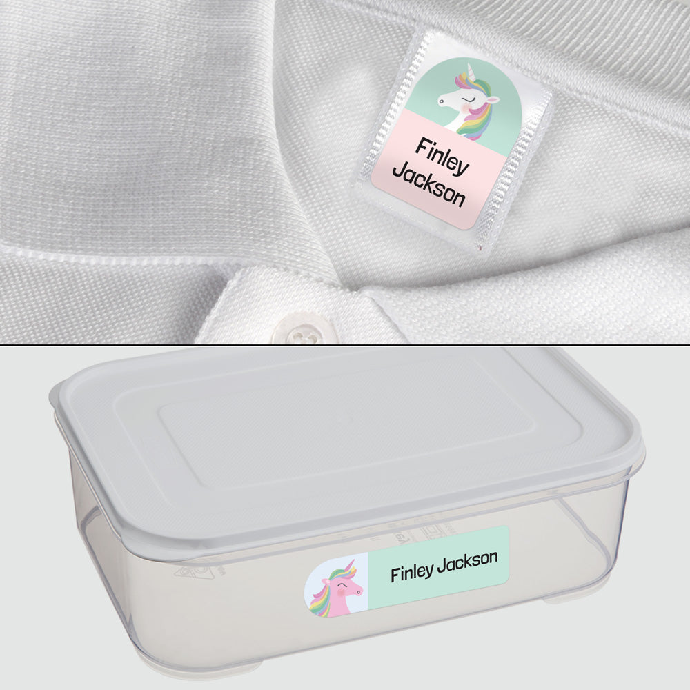 No Iron Personalised Stick On Waterproof (Clothing/Equipment) Name Labels - Pastel Unicorns & Rainbows - Pack of 50
