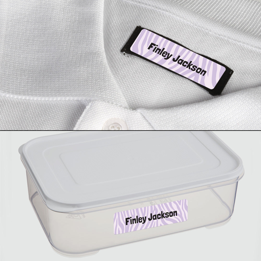 No Iron Personalised Stick On Waterproof (Clothing/Equipment) Name Labels - Zebra Print Lilac - Pack of 50