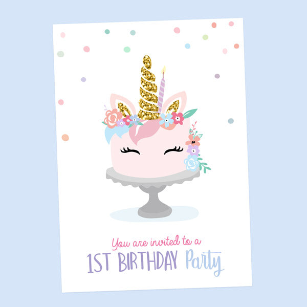 1st Birthday Invitations - Unicorn Cake - Pack of 10