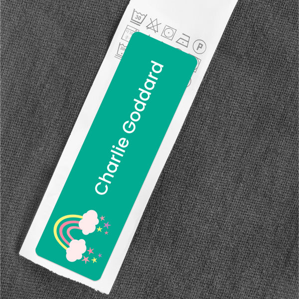 Medium Personalised Stick On Waterproof (Clothing/Equipment) Name Labels - Unicorn Magic Rainbow - Pack of 36