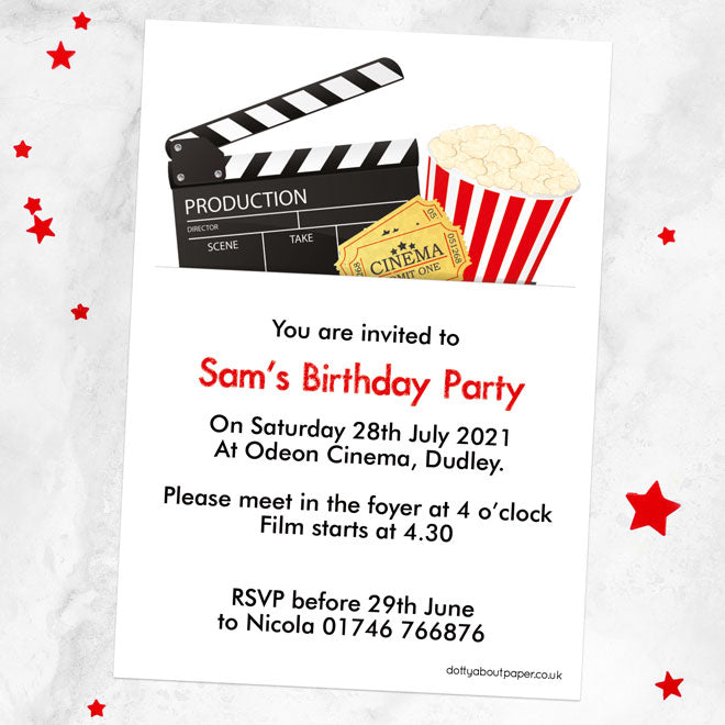 Personalised Kids Birthday Invitations - Cinema Party - Pack of 10
