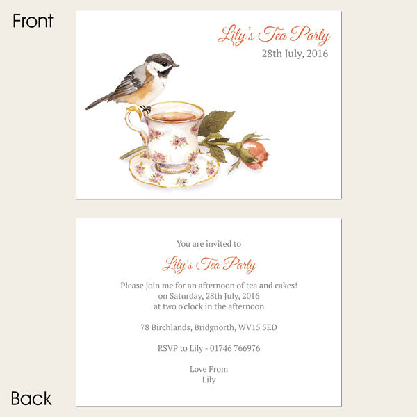 Tea Party Invitations - Watercolour Bird & Teacup - Pack of 10
