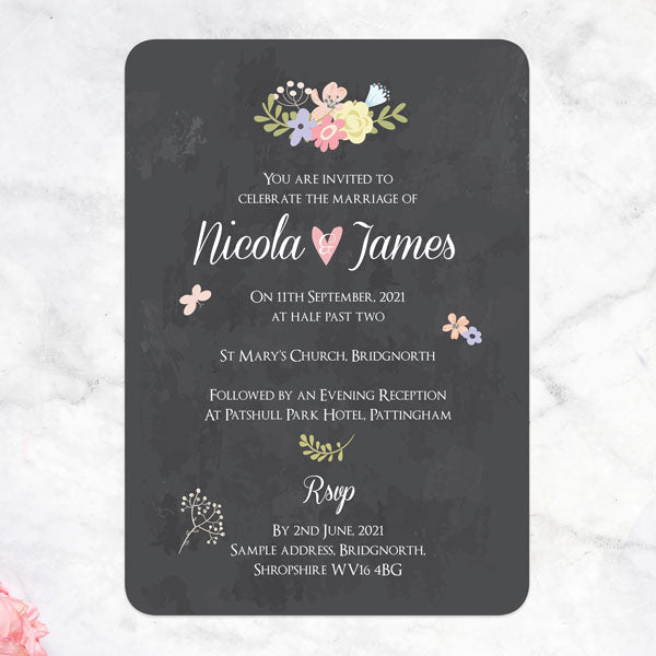 Pastel Chalkboard Flowers - Boutique Wedding Invitation & RSVP
