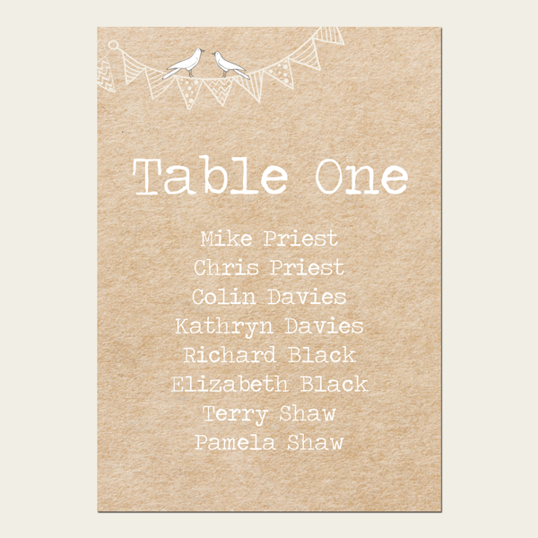 Vintage Bunting & Love Birds - Table Plan Cards