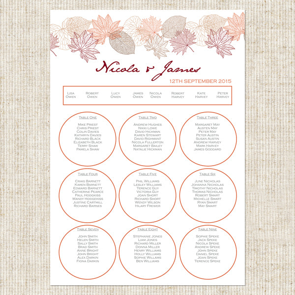 Delicate Autumn Leaves Table Plan