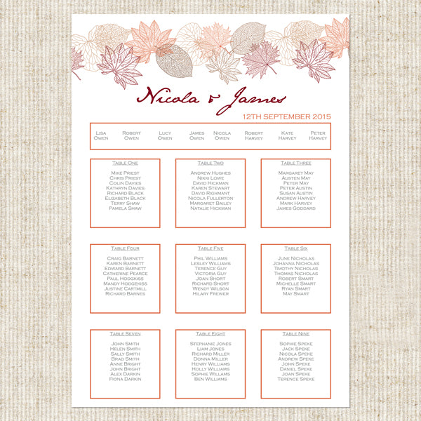 Delicate Autumn Leaves Table Plan