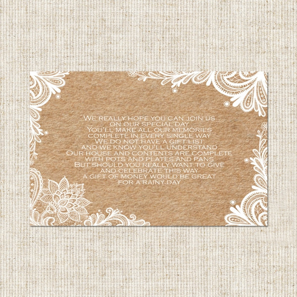 Rustic Wedding Lace Gift Poem Card