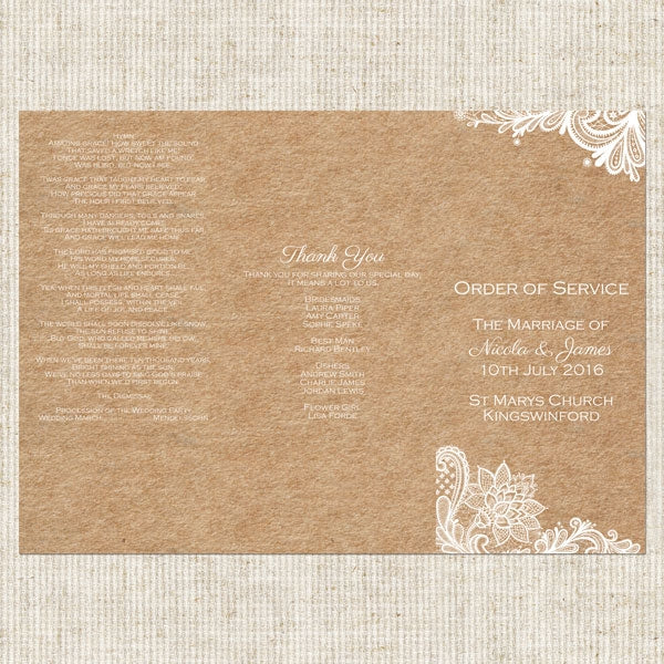 Rustic Wedding Lace Order of Service Concertina