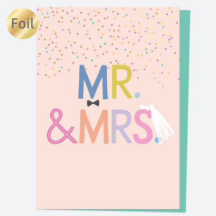 Luxury Foil Wedding Card - Bright Typography - Bow Tie & Veil - Mr & Mrs