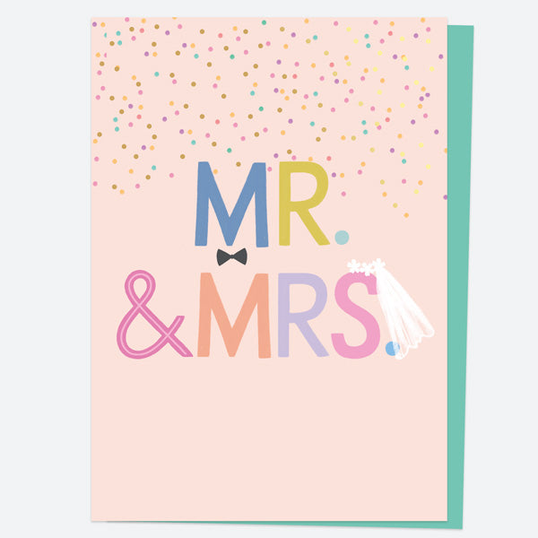 Luxury Foil Wedding Card - Bright Typography - Bow Tie & Veil - Mr & Mrs