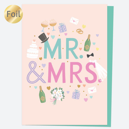 Luxury Foil Wedding Card - Cute Icons - Mr & Mrs