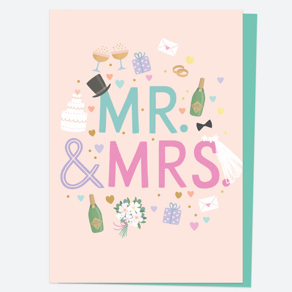 Luxury Foil Wedding Card - Cute Icons - Mr & Mrs