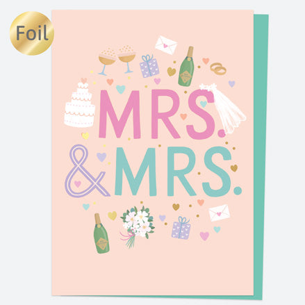 Luxury Foil Wedding Card - Cute Icons - Mrs & Mrs