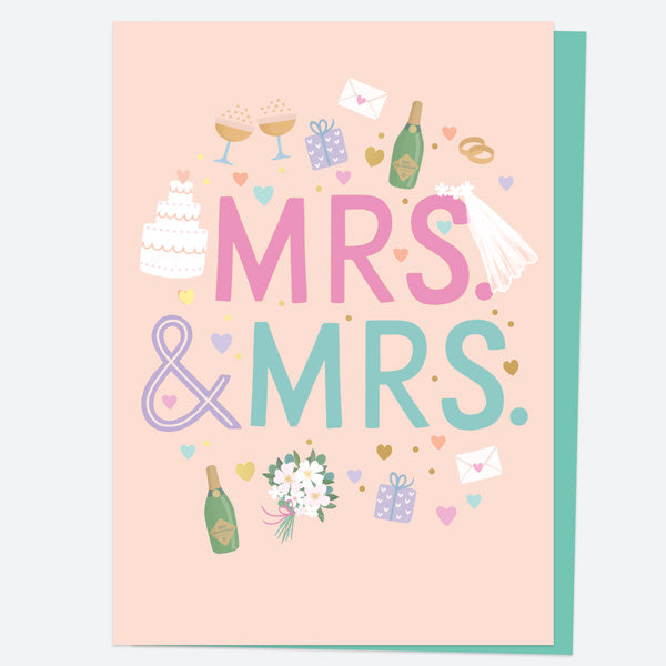 Luxury Foil Wedding Card - Cute Icons - Mrs & Mrs