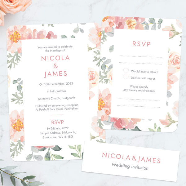 Coral Watercolour Flowers - Boutique Wedding Invitations