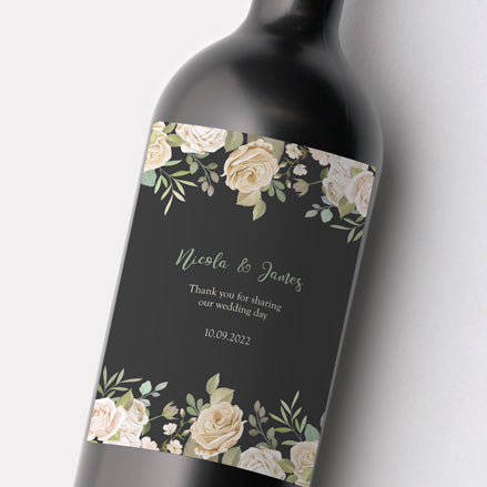 Black & Cream Roses Wine Bottle Labels Thumbnail
