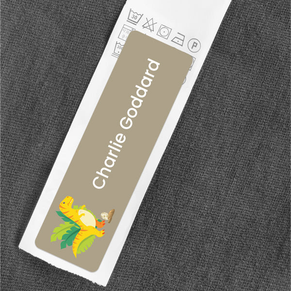 Medium Personalised Stick On Waterproof (Clothing/Equipment) Name Labels - Yellow Dinosaur - Pack of 36