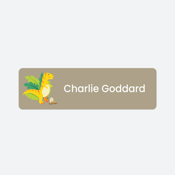 Medium Personalised Stick On Waterproof (Clothing/Equipment) Name Labels - Yellow Dinosaur - Pack of 36